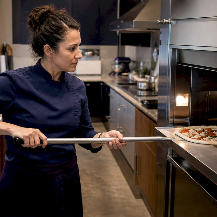 Chef placing pizza on commercial oven deck