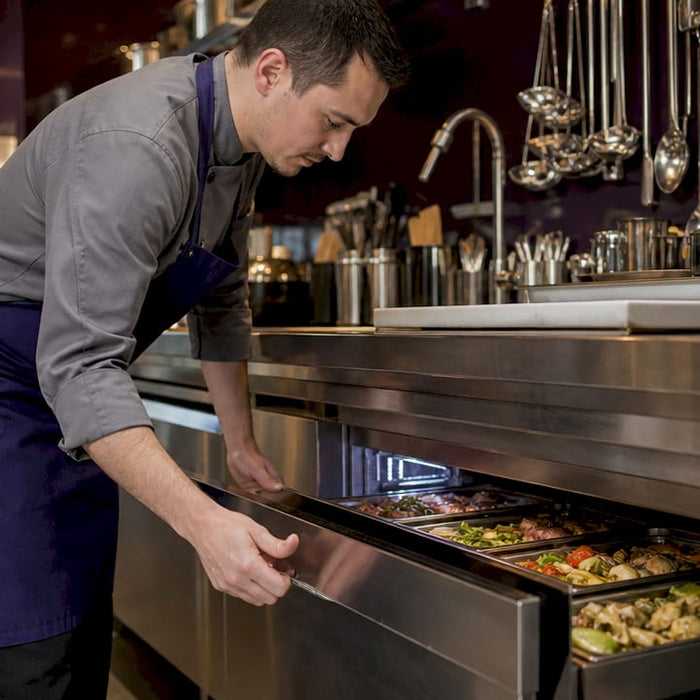 Chef opening commercial warming drawer in kitchen