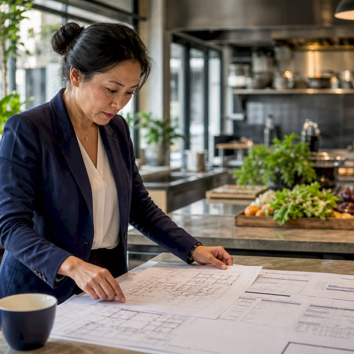 Restaurant owner reviewing kitchen build budget plans