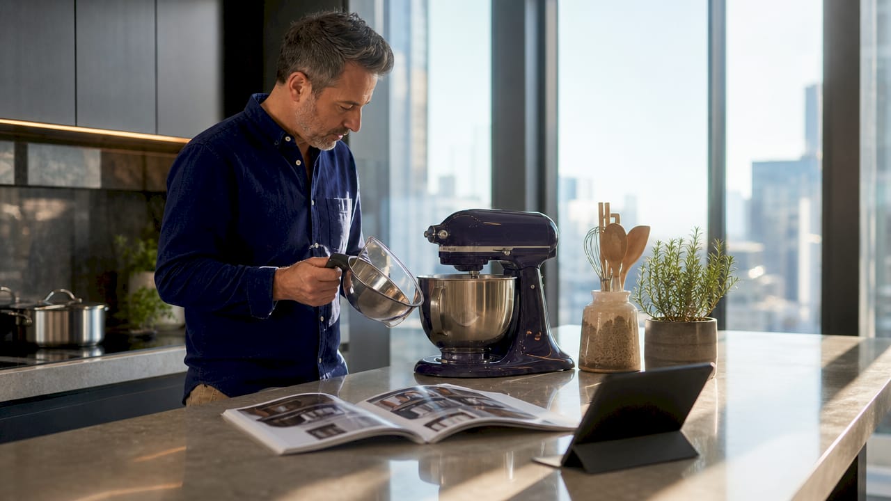 Man comparing kitchen stand mixer alternatives on countertop