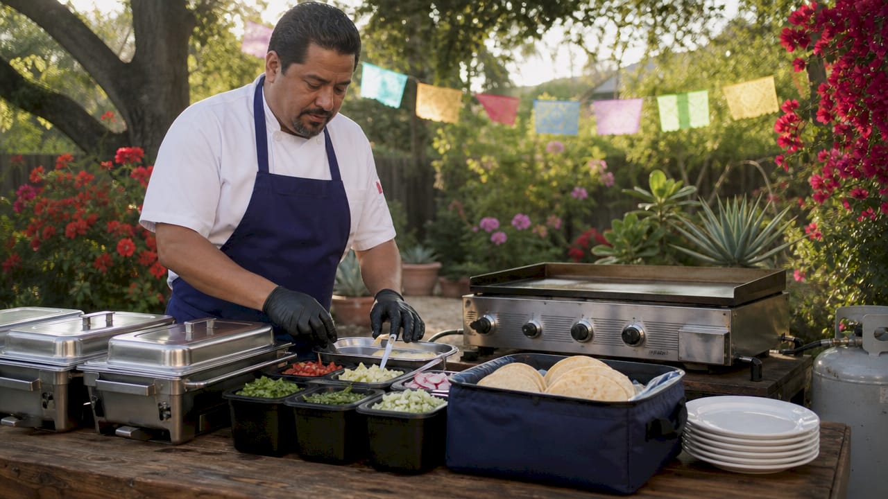 Chef setting up outdoor taco bar station