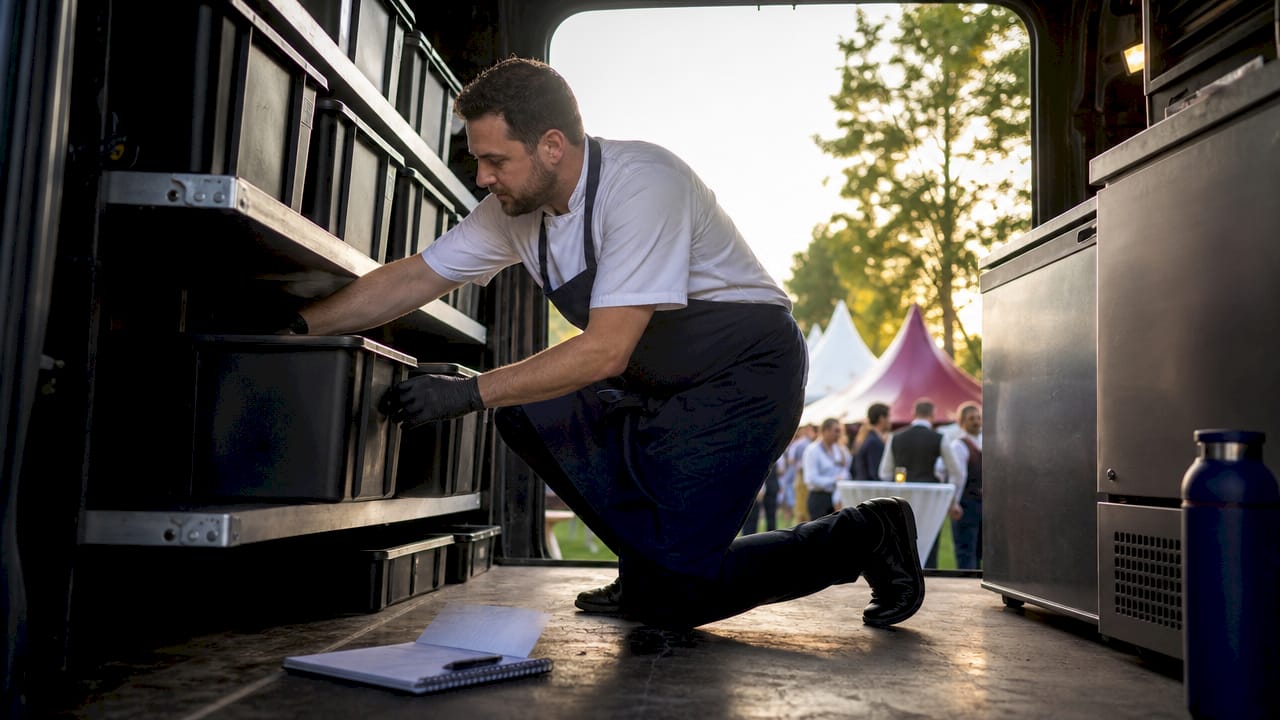 Catering staff organizing equipment in vehicle shelving