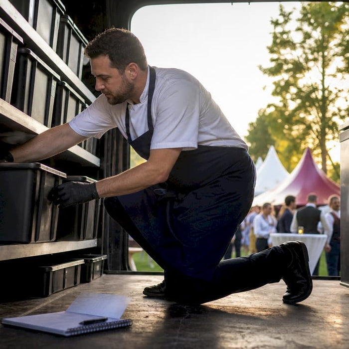 Catering staff organizing equipment in vehicle shelving