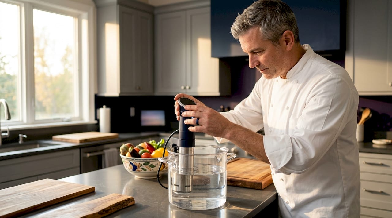 Man setting up sous-vide immersion circulator