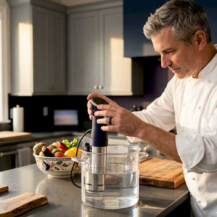 Man setting up sous-vide immersion circulator