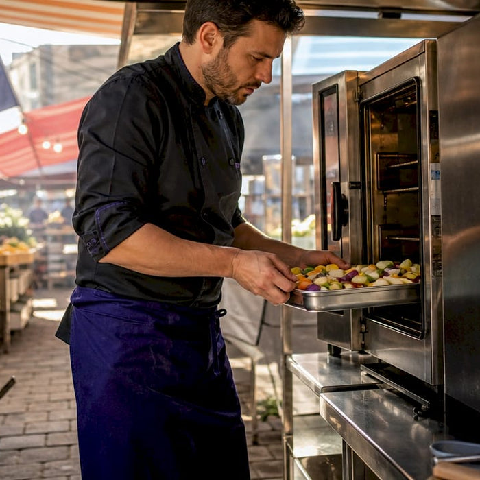 Chef using combi oven in professional kitchen