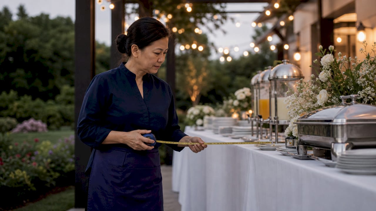 Catering manager measuring buffet equipment size