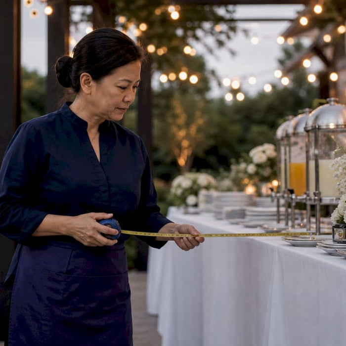 Catering manager measuring buffet equipment size
