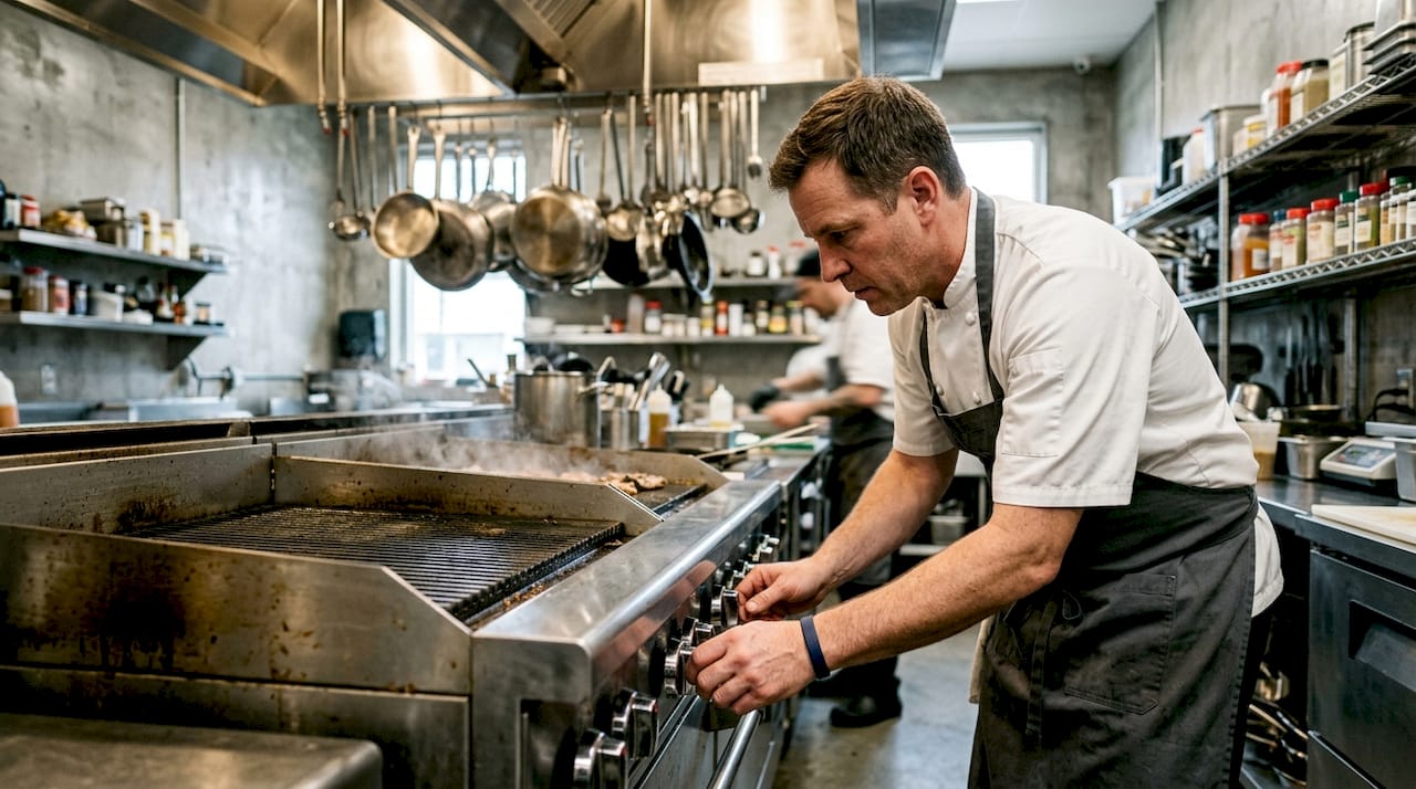 Chef adjusting commercial grill controls
