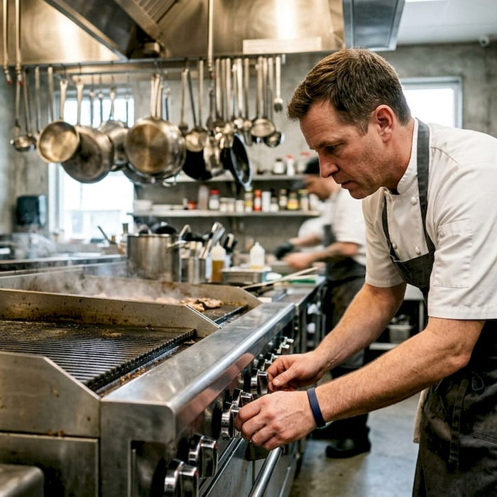 Chef adjusting commercial grill controls