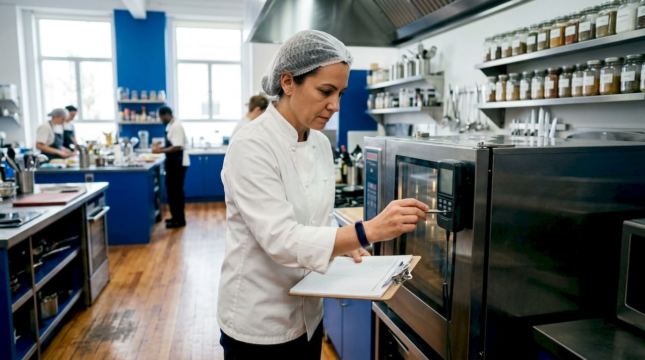 Manager inspecting temperature logger on commercial refrigerator