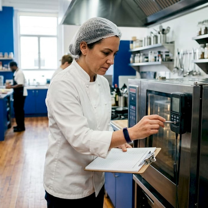 Manager inspecting temperature logger on commercial refrigerator
