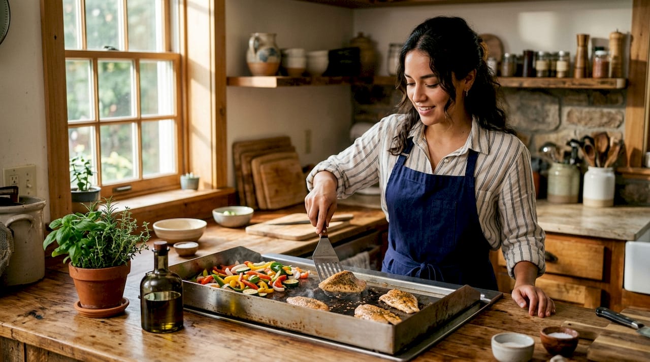 Woman cooking on plancha griddle in home kitchen