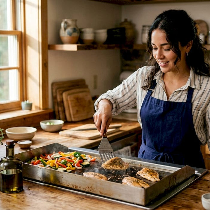Woman cooking on plancha griddle in home kitchen