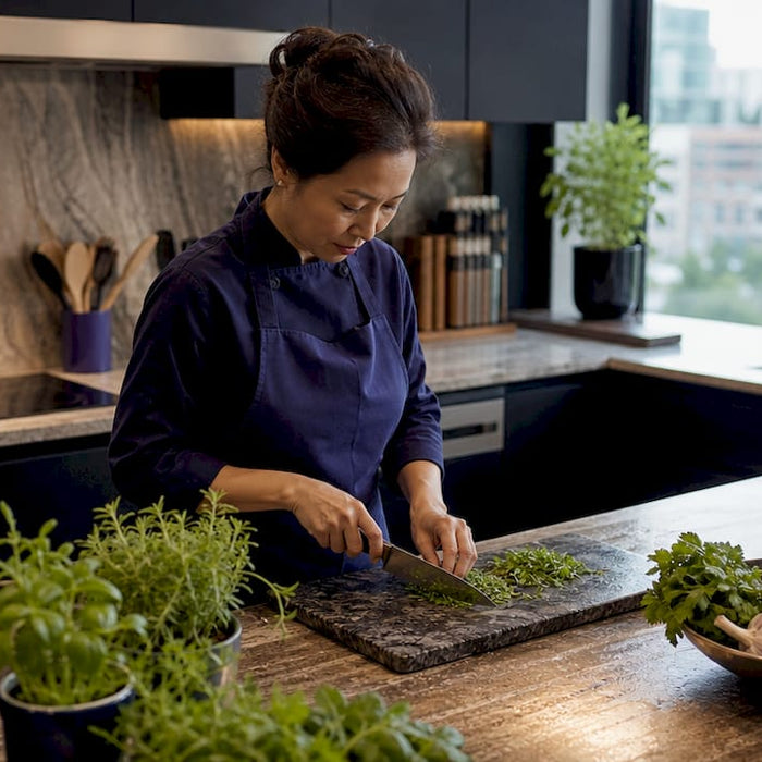 Home cook preparing ingredients in professional-style kitchen