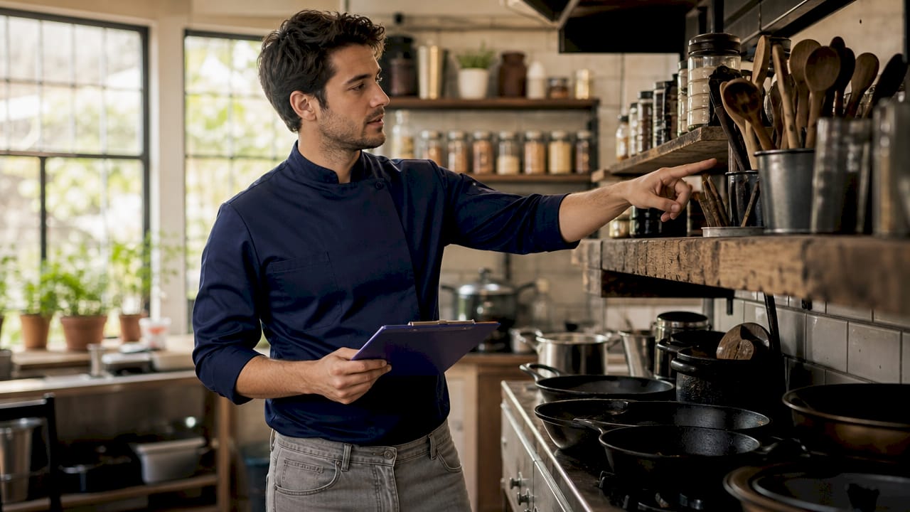 Kitchen manager evaluating commercial kitchen equipment