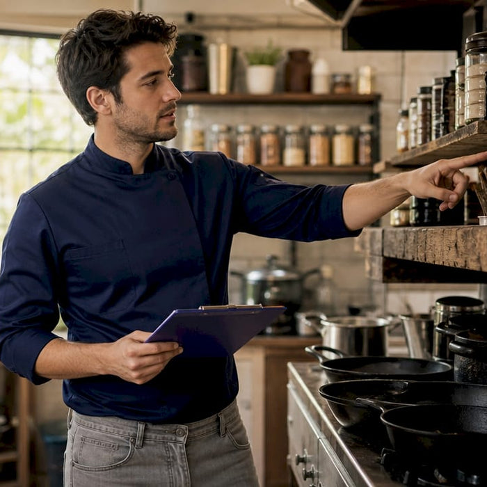 Kitchen manager evaluating commercial kitchen equipment