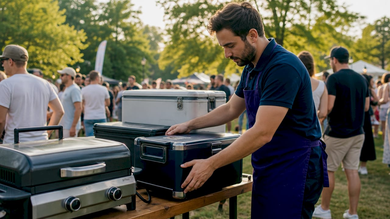 Mobile caterer with portable cooking equipment outdoor