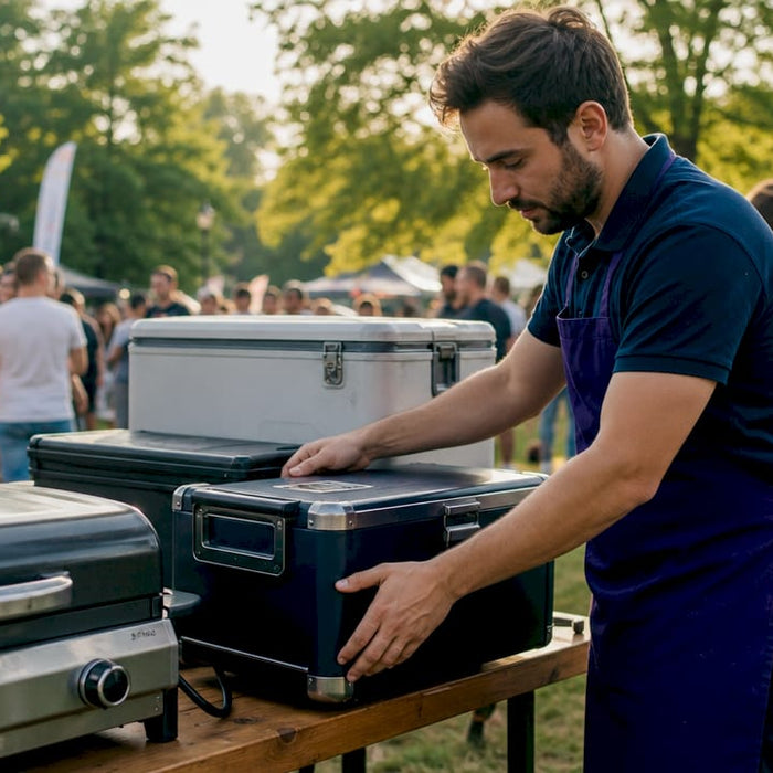 Mobile caterer with portable cooking equipment outdoor