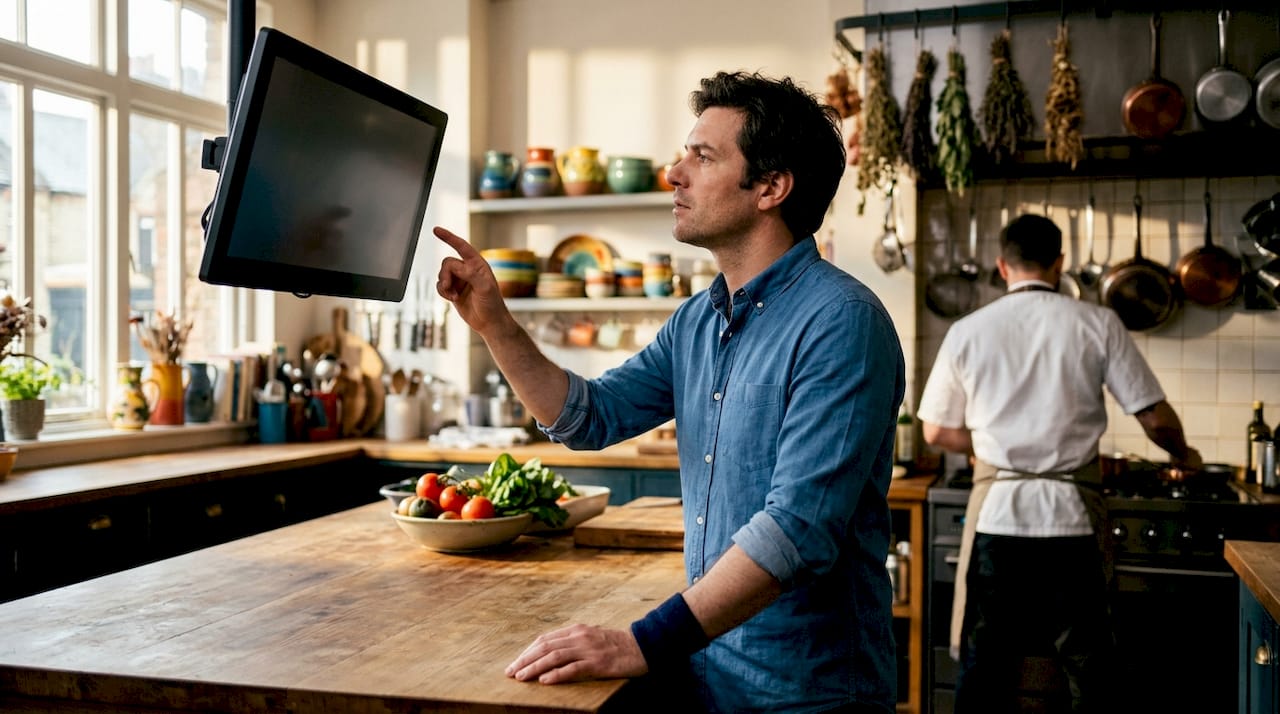Restaurant manager checking kitchen display system