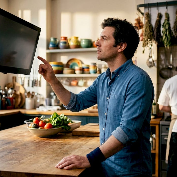 Restaurant manager checking kitchen display system