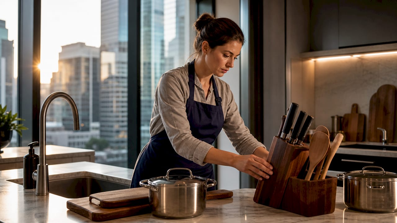 Professional chef setting up home kitchen workspace
