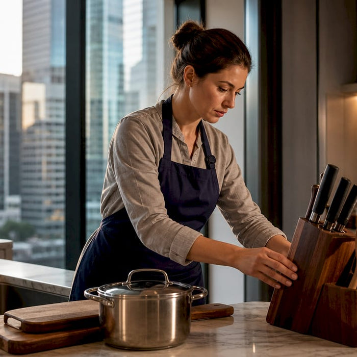 Professional chef setting up home kitchen workspace