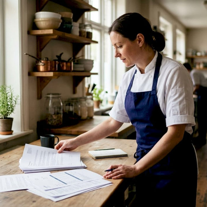Catering manager reviewing rental and purchase paperwork
