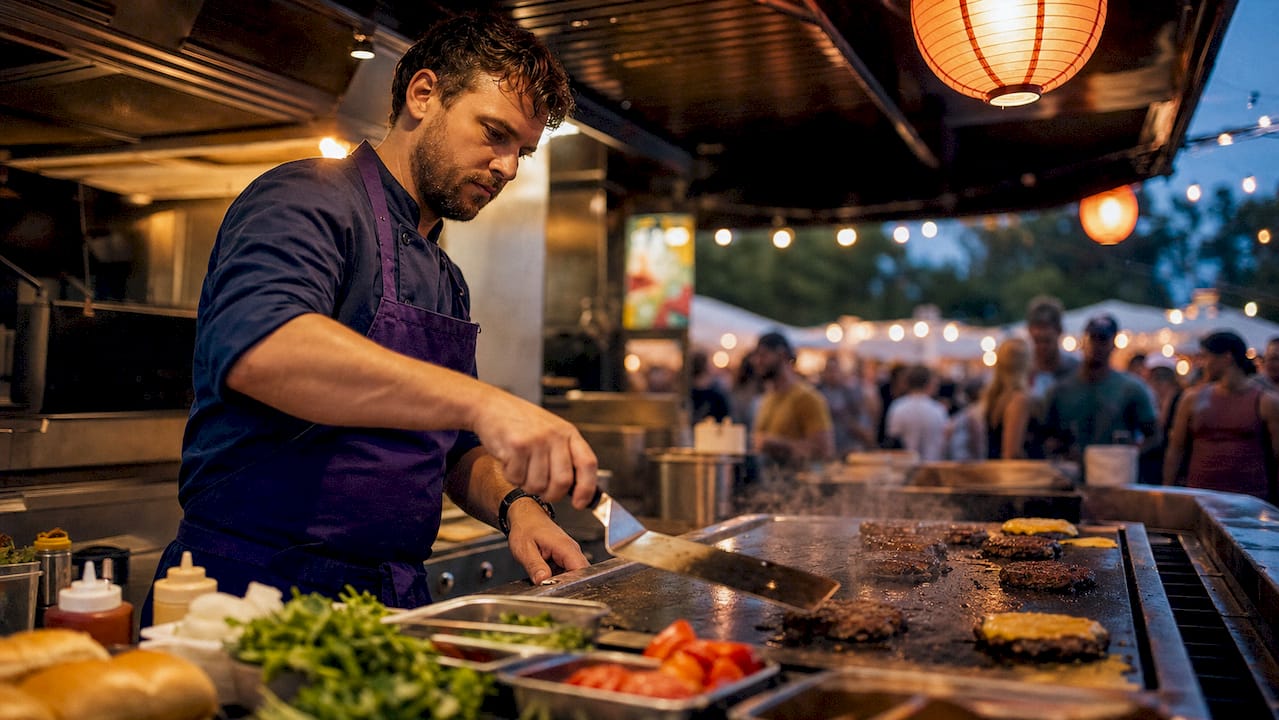 Chef cooking burgers on flat top griddle