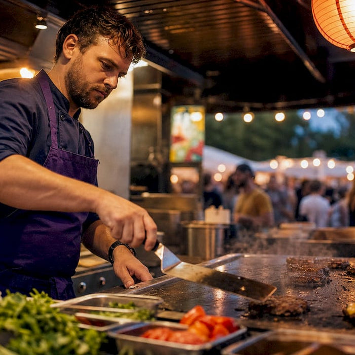 Chef cooking burgers on flat top griddle
