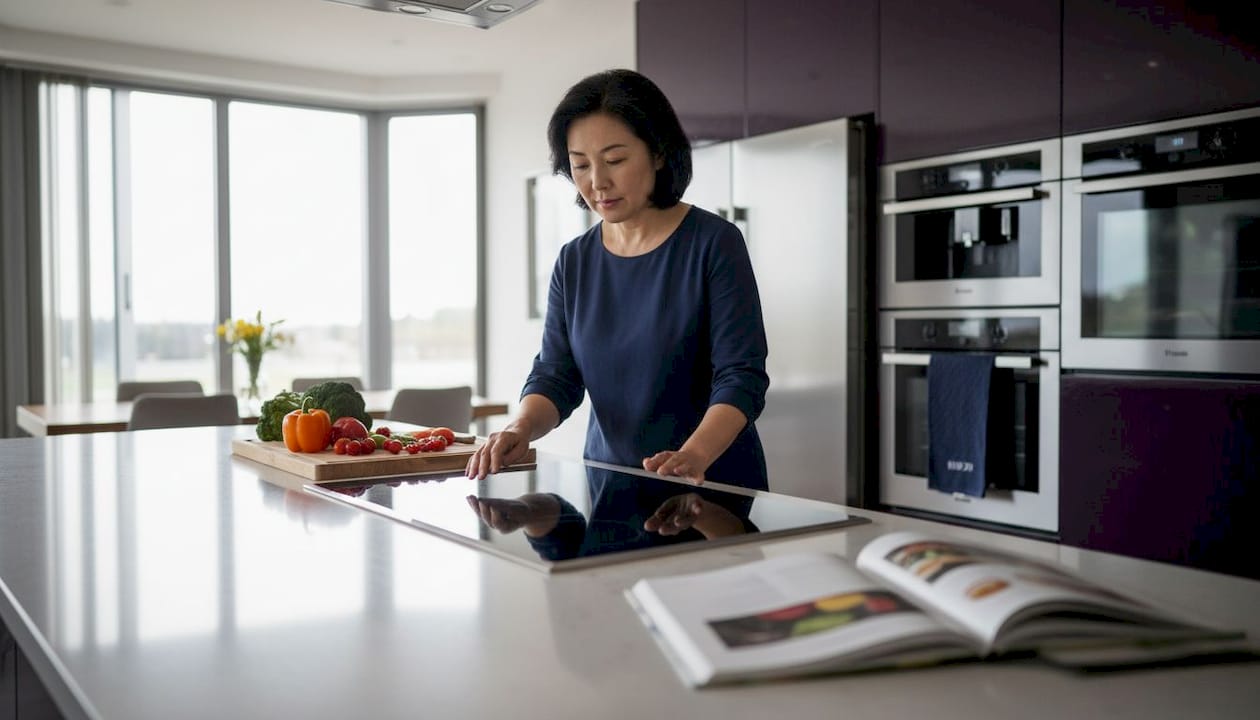 Woman testing induction cooktop in modern kitchen