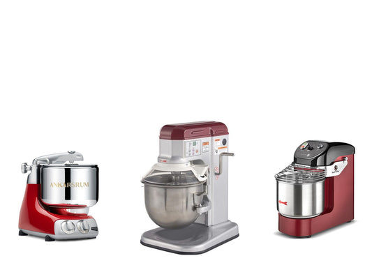 Stand mixer vs planetary mixer vs spiral mixer side by side: Ankarsrum Assistent, Axis AX-M7 planetary and Sunmix spiral