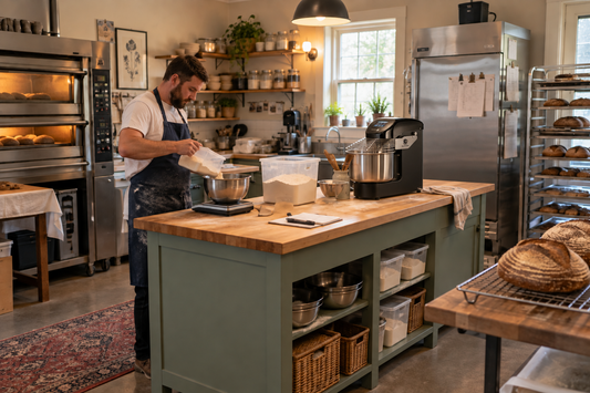 Professional baker working beside a Sunmix EVO15 spiral mixer in a micro bakery