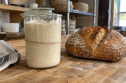 Mature sourdough starter beside a freshly baked artisan loaf