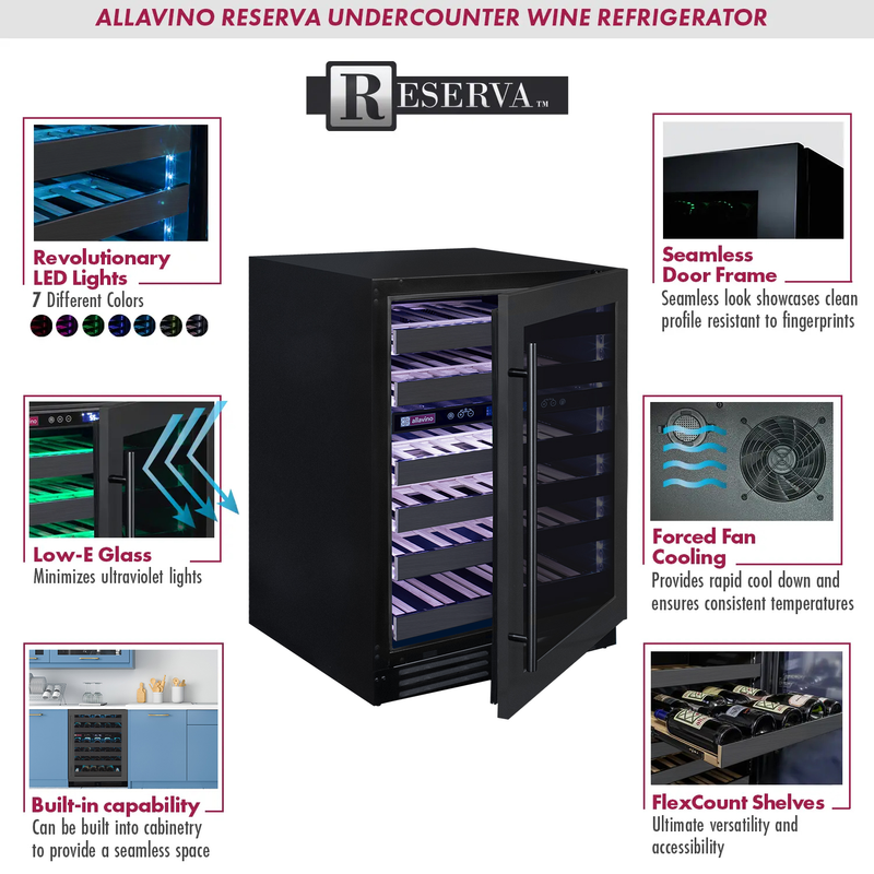 Reserva Series 50 Bottle Dual Zone Undercounter Wine Cooler Refrigerator with Black Stainless Steel Door - Right Hinge Allavino