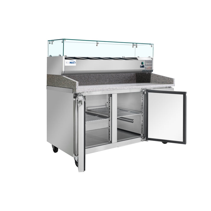 KoolMore 59" Granite Top Refrigerated Pizza Prep Station with 2-Door Storage & Pan Rail – KM-RPCPS-2D59-GRT