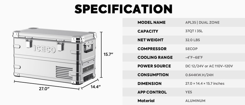 APL35 Dual Zone Aluminum Fridge refrigerator| ICECO | 35 LT Inca Overland Outfitters