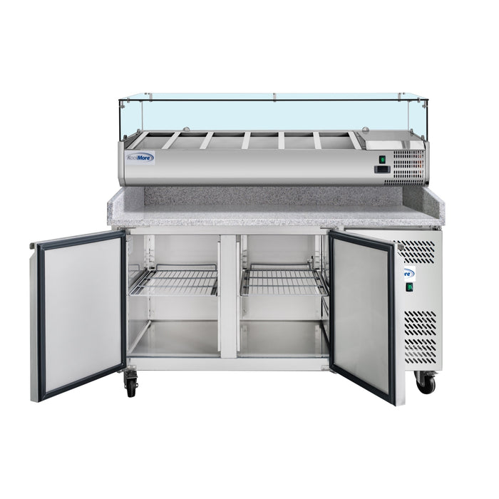 KoolMore 59" Granite Top Refrigerated Pizza Prep Station with 2-Door Storage & Pan Rail – KM-RPCPS-2D59-GRT