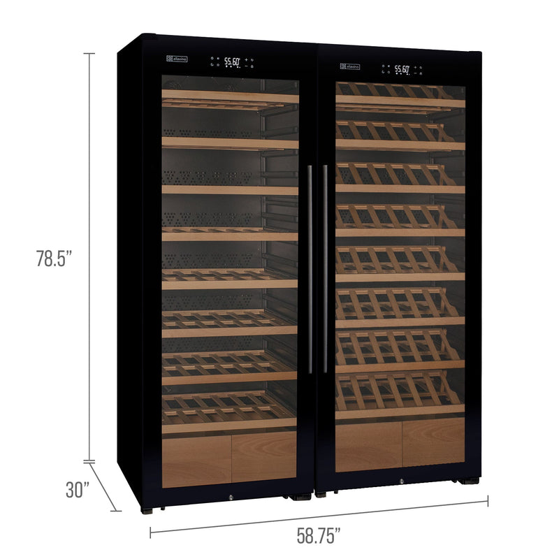 496 Bottle Dual Zone Black Glass Side-by-Side Wine Refrigerator with Display Shelving Allavino