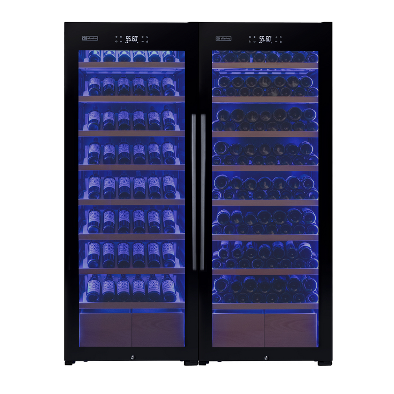 496 Bottle Dual Zone Black Glass Side-by-Side Wine Refrigerator with Display Shelving Allavino