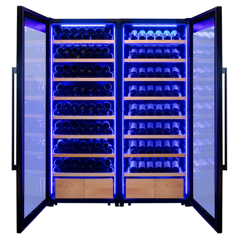 496 Bottle Dual Zone Black Glass Side-by-Side Wine Refrigerator with Display Shelving Allavino