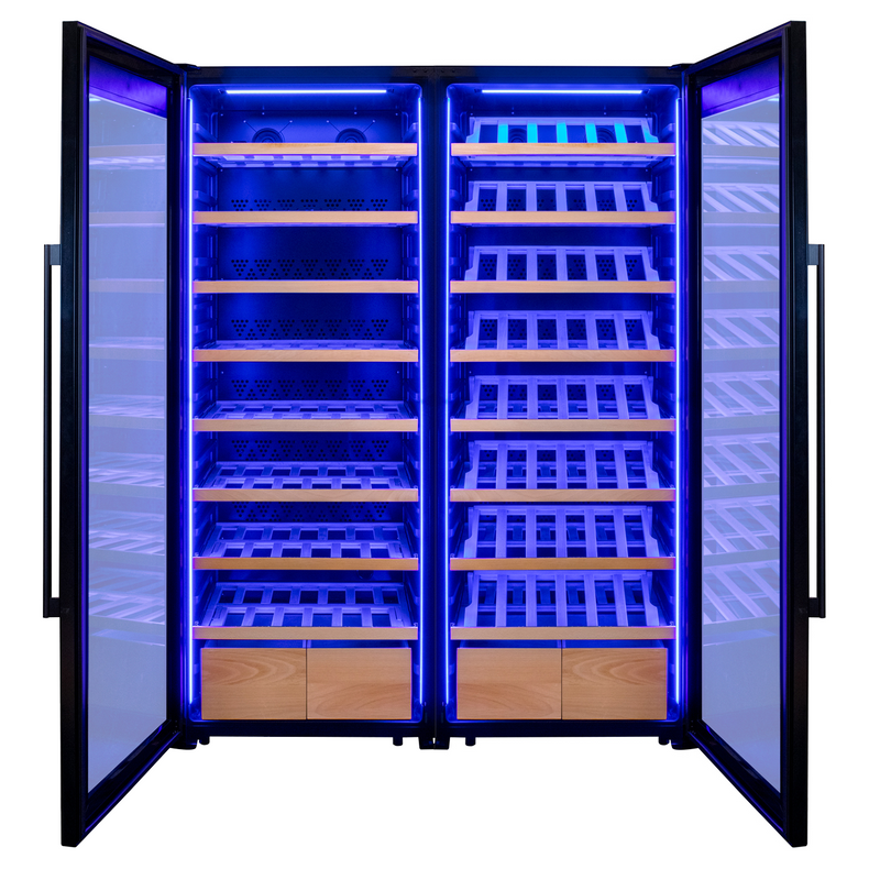 496 Bottle Dual Zone Black Glass Side-by-Side Wine Refrigerator with Display Shelving Allavino