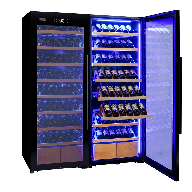 496 Bottle Dual Zone Black Glass Side-by-Side Wine Refrigerator with Display Shelving Allavino