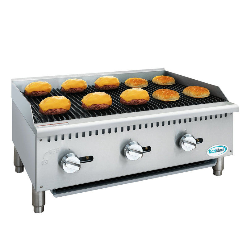 36 in. Commercial 3 - Burner Natural Gas Charbroiler with 90,000 BTU in Stainless - Steel (KM - GCB3 - 36M) - CulinaryProfis