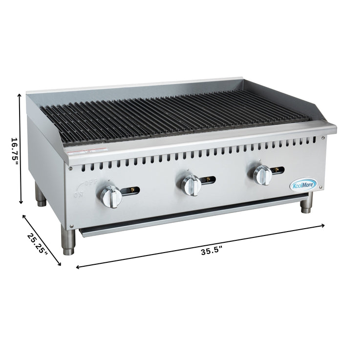 36 in. Commercial 3 - Burner Natural Gas Charbroiler with 90,000 BTU in Stainless - Steel (KM - GCB3 - 36M) - CulinaryProfis