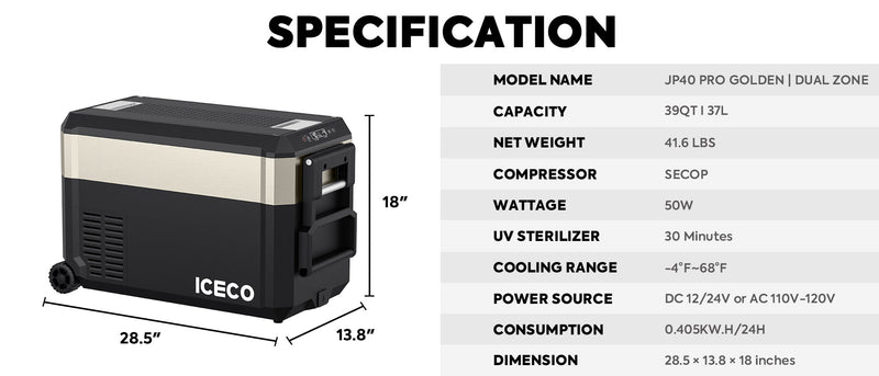 JP40 Pro Dual Zone Wheeled Portable Freezer | ICECO | 40 LT Inca Overland Outfitters