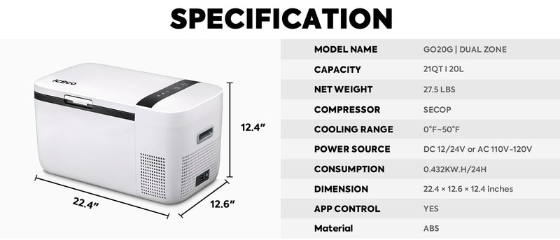 GO20 Dual Zone 12V Portable Freezer - White | ICECO | 20 LT Inca Overland Outfitters