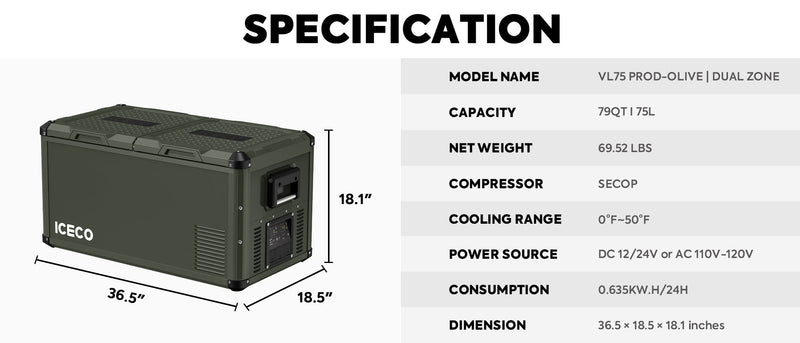 VL75ProD Olive 12V Heavy Duty Fridge Freezer | ICECO | 75 LT Inca Overland Outfitters