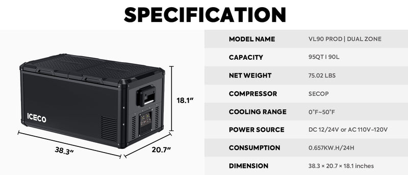 VL90ProD Dual Zone RV 12 volt Fridge Plug in Cooler | ICECO | 90 LT Inca Overland Outfitters