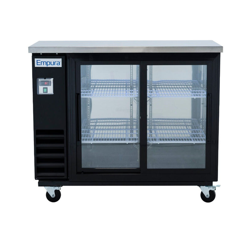 49" x 24" Sliding Glass Door Powder Coated Black Stainless Steel Commercial Back Bar Refrigerator - CulinaryProfis